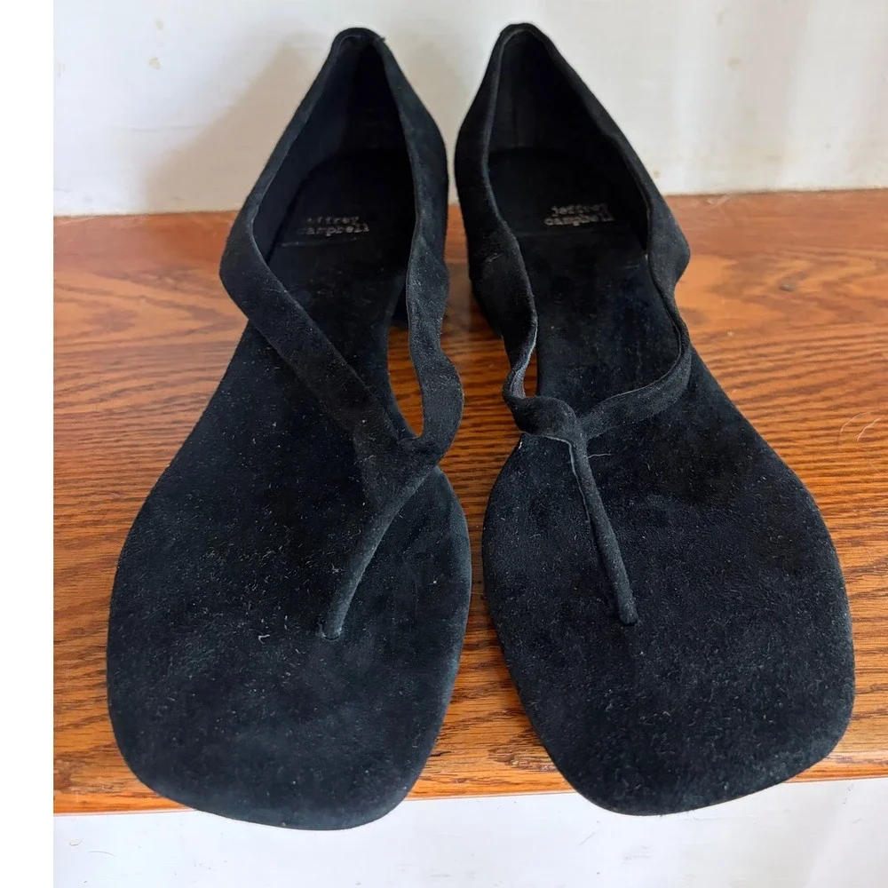 Jeffrey Campbell Black Suede Thong Block Heel Sandals Square Toe Womens 10